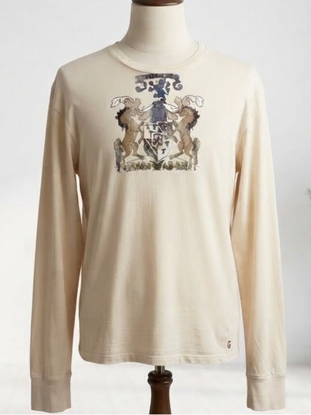 Guess| Men’s Y2K Honore Coat of Arms Cream Long Sleeve Knit Shirt Sz XL
